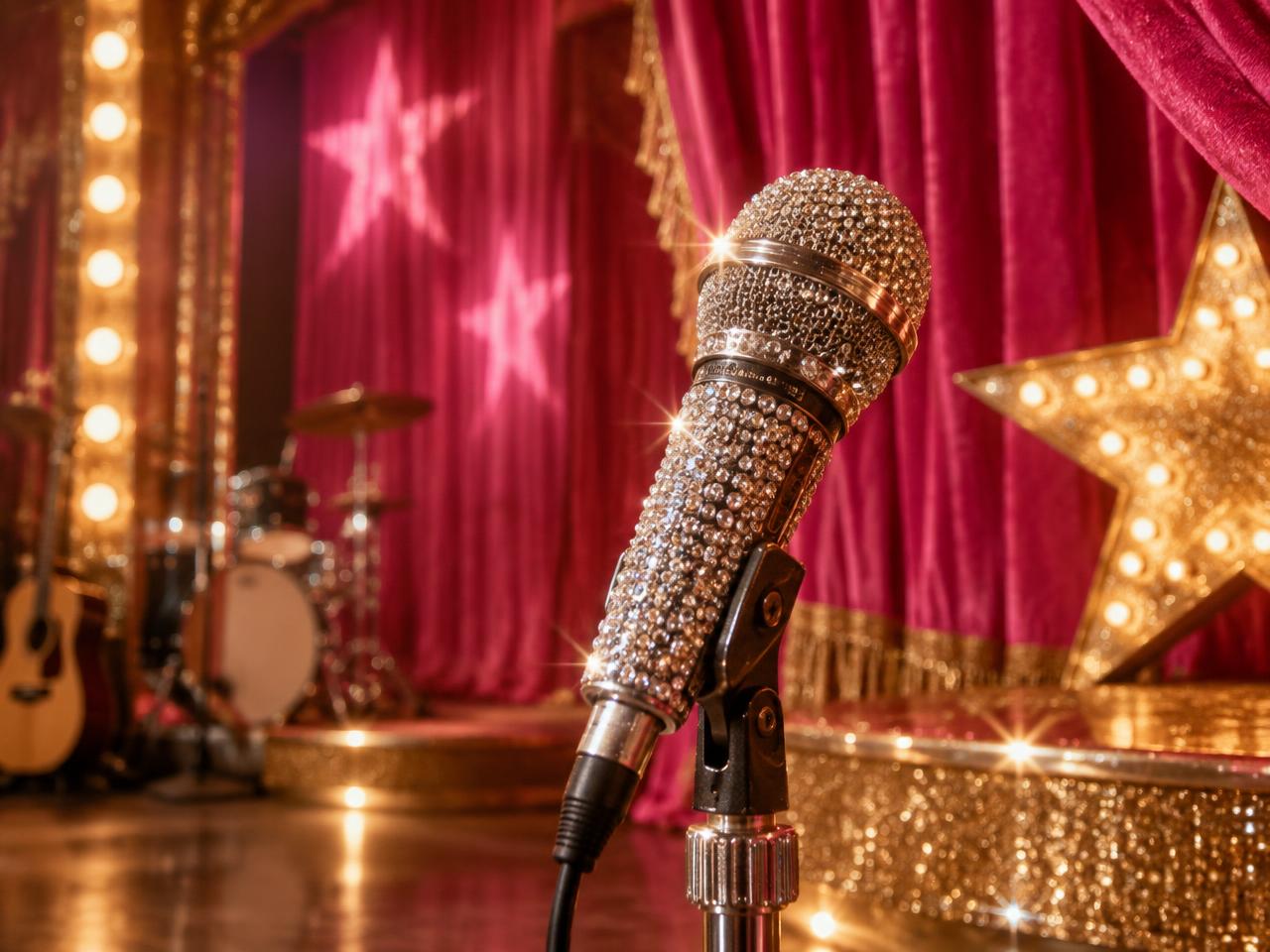A rhinestone microphone on a glamorous country music stage