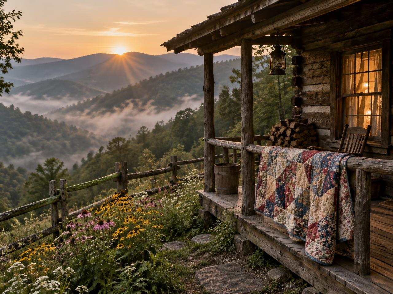 A mountain cabin at sunrise in the Great Smoky Mountains